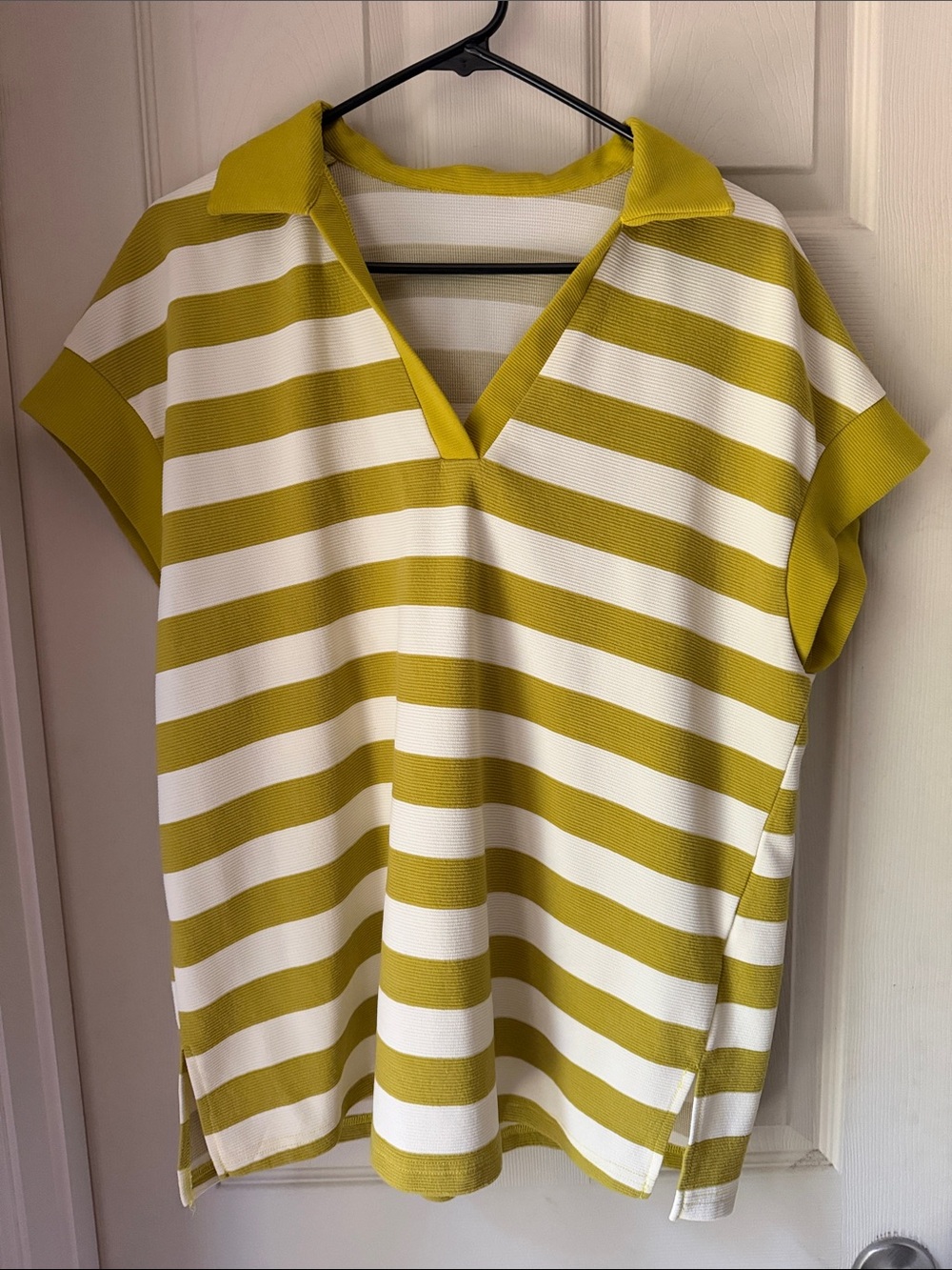 Women’s Short Sleeve V-Neck Striped Top in Chartreuse and White